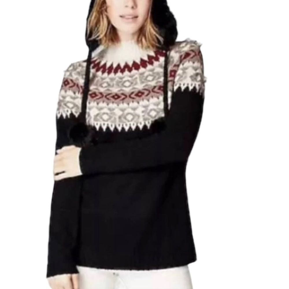 J Jill Mock Neck Fair Isle Nordic Fringe Sweater Long Sleeve Holiday Christmas
